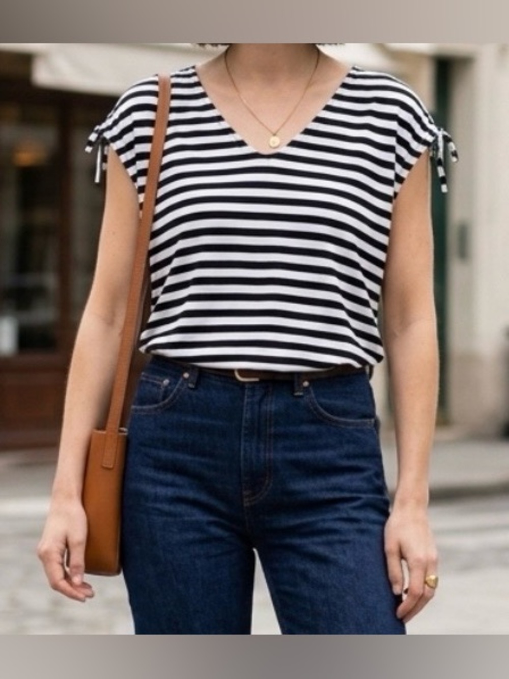 Ricki’s Black & White Striped V-Neck Cap Sleeve Top Medium French Girl